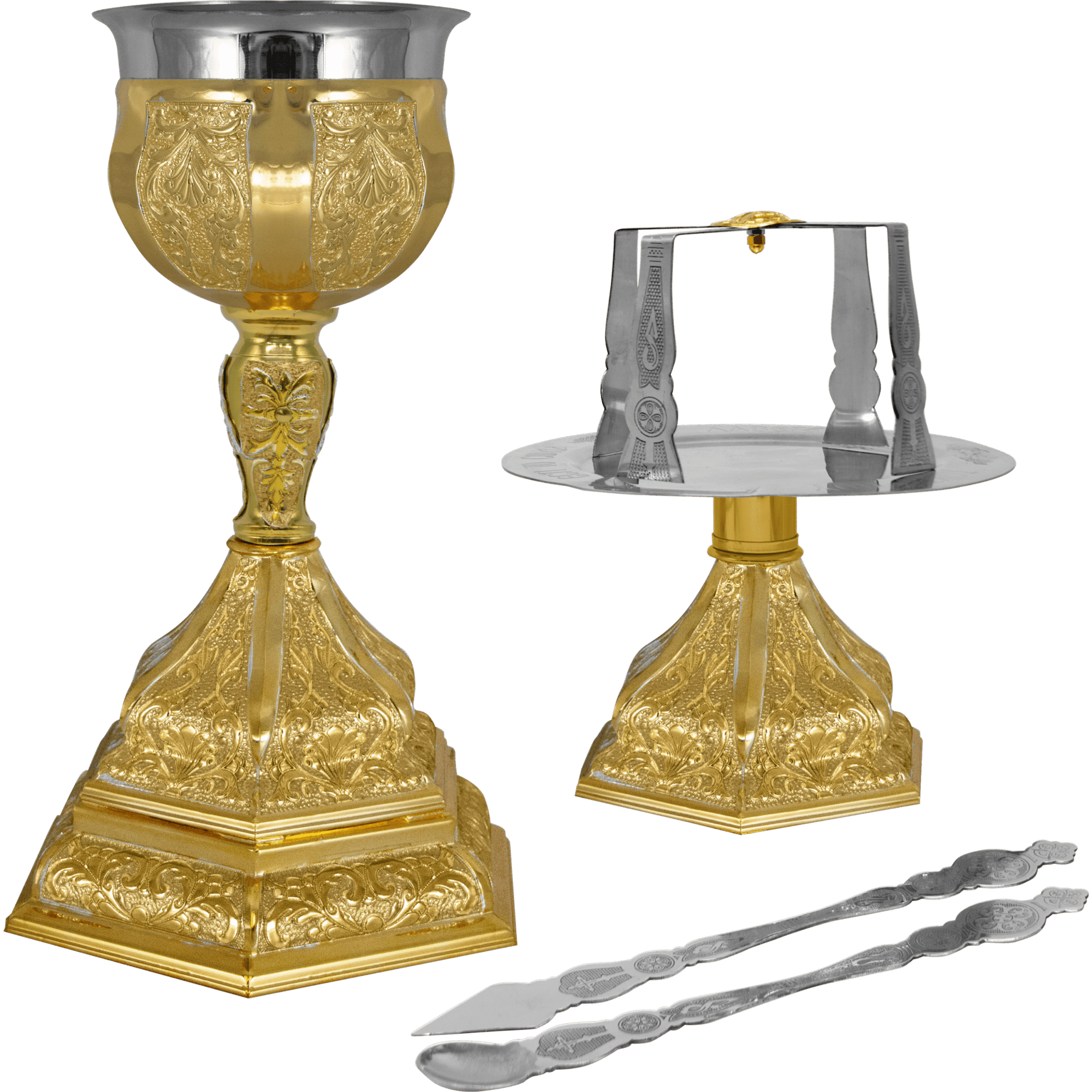 Gold-liturgical vessel and tray set with ornate religious details, used for church sacraments and ceremonies, featuring traditional ecclesiastical craftsmanship.