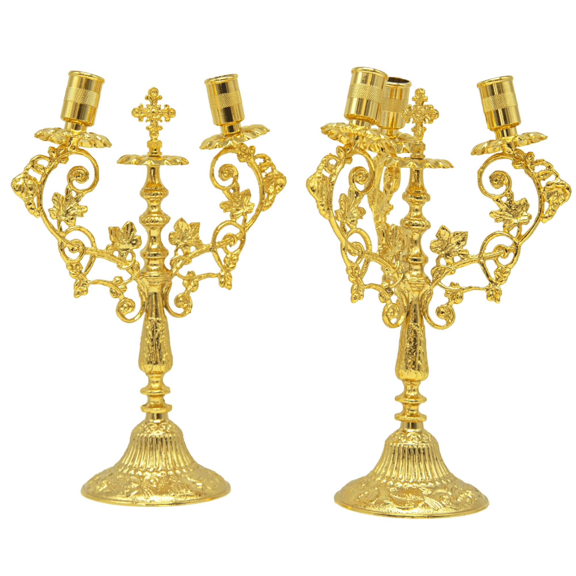 Ornate gold Orthodox candelabra with intricate floral designs, perfect for church or religious ceremonies, crafted by Tsa tsaroni Antonios, specializing in ecclesiastical items and church accessories.