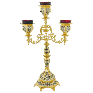 Ornate ecclesiastical candlestick holder with three candle cups, elaborately decorated with traditional religious motifs, ideal for church services and iconography setups.