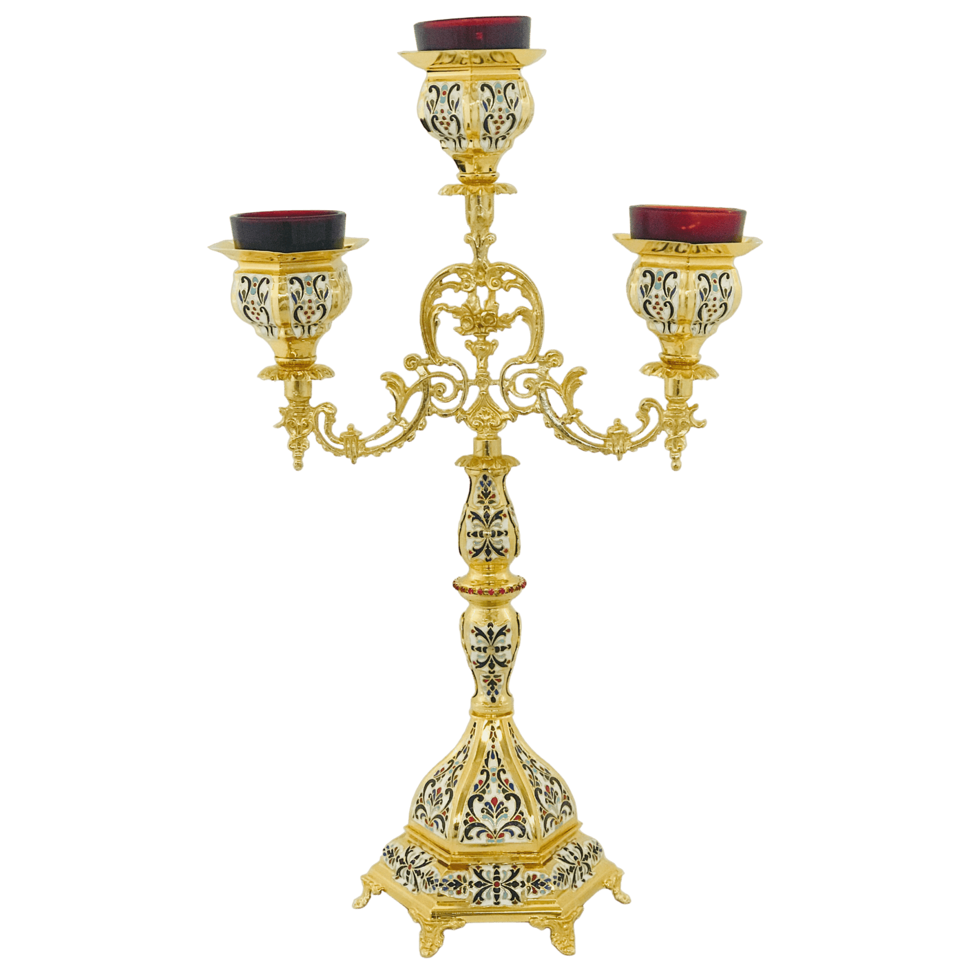 Ornate ecclesiastical candlestick holder with three candle cups, elaborately decorated with traditional religious motifs, ideal for church services and iconography setups.