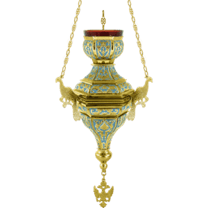 Ornate Greek church hanging lamp with gold and blue details, traditional liturgical item for Orthodox religious ceremonies.