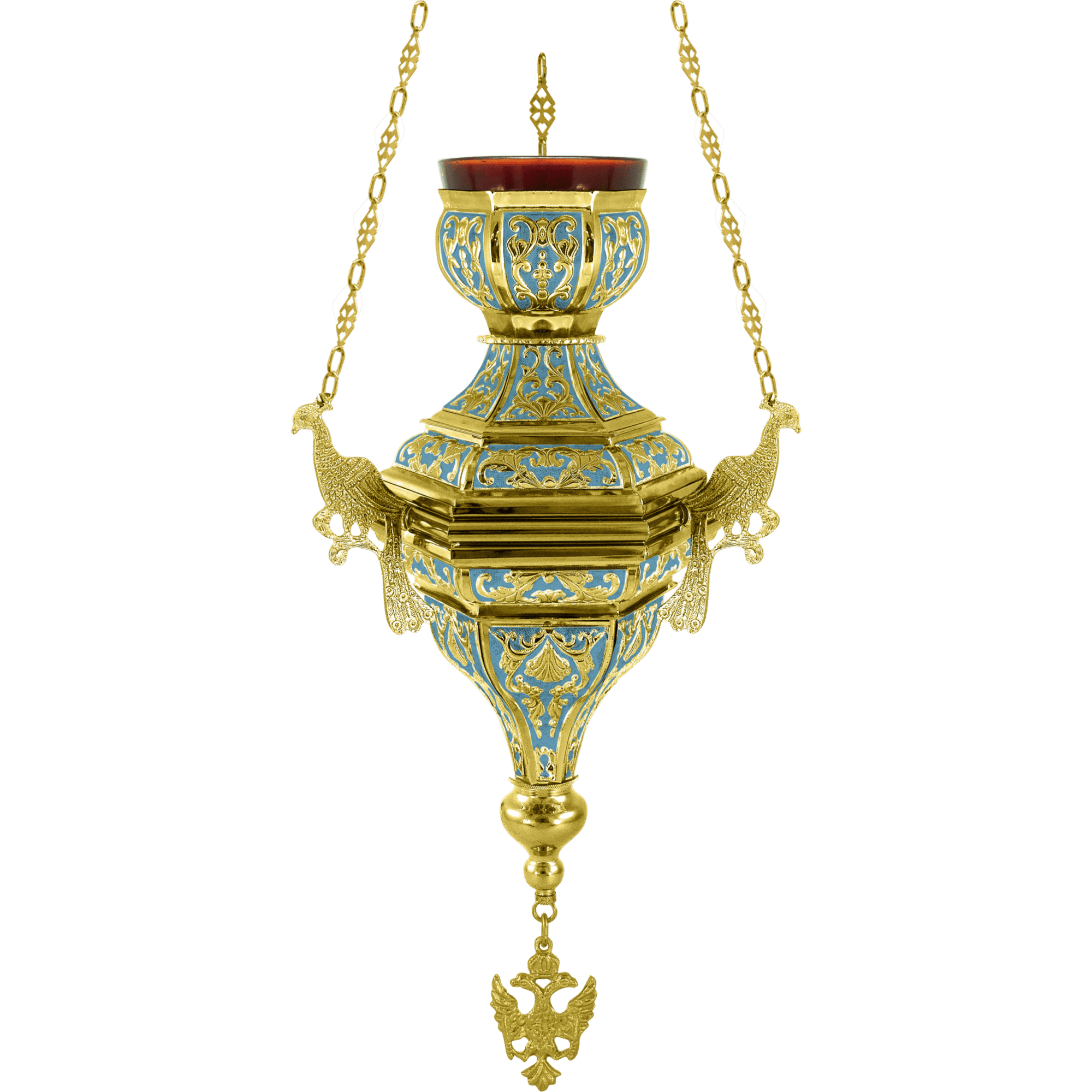 Ornate Greek church hanging lamp with gold and blue details, traditional liturgical item for Orthodox religious ceremonies.