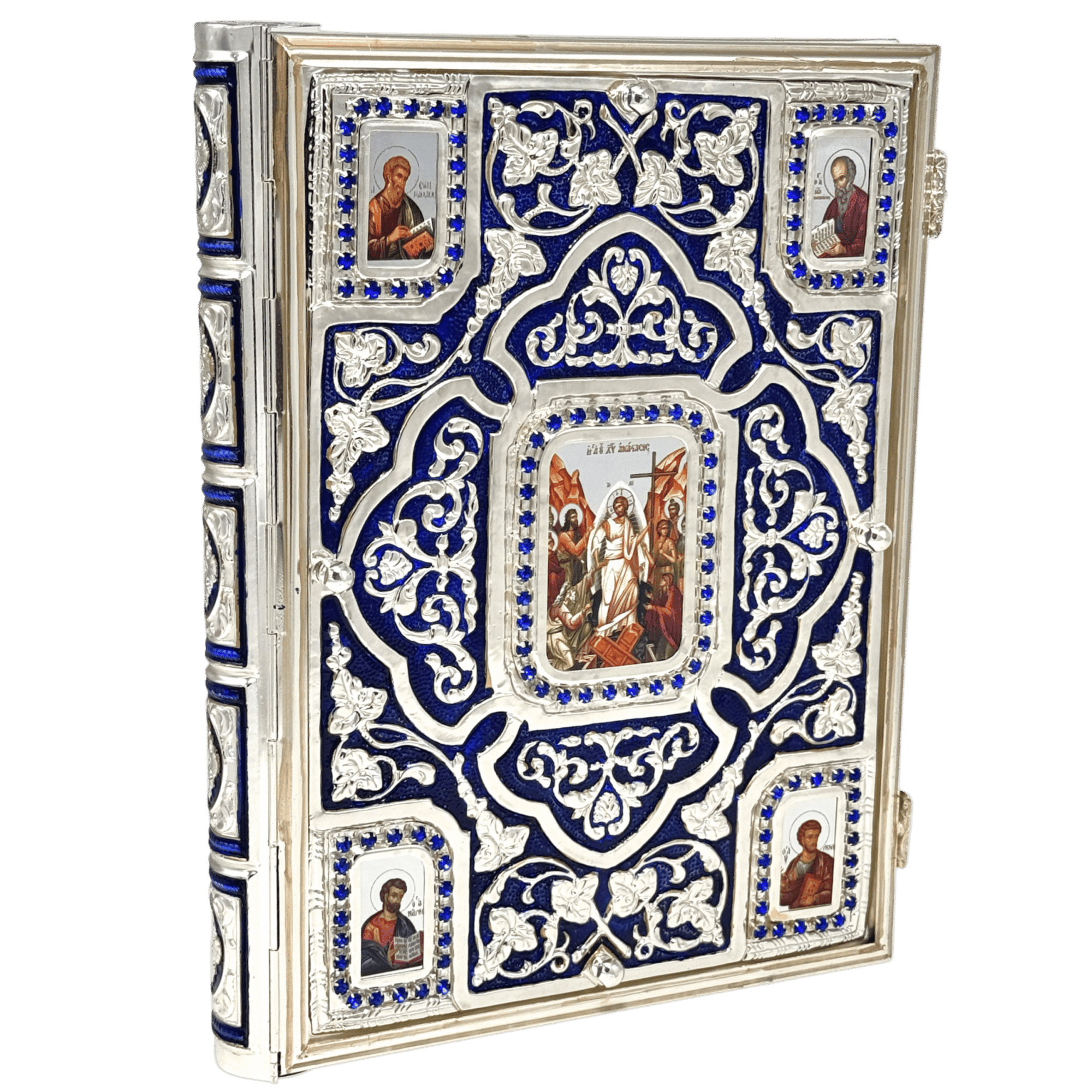 Intricate silver and enamel Orthodox Christian icon case with painted religious icons and decorative blue accents, used for church ceremonies and religious observances.