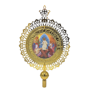 Ornate ecclesiastical icon pendant featuring traditional Greek Orthodox religious imagery, crafted with gold-tone metal, ideal for church accessories and religious ceremonies.