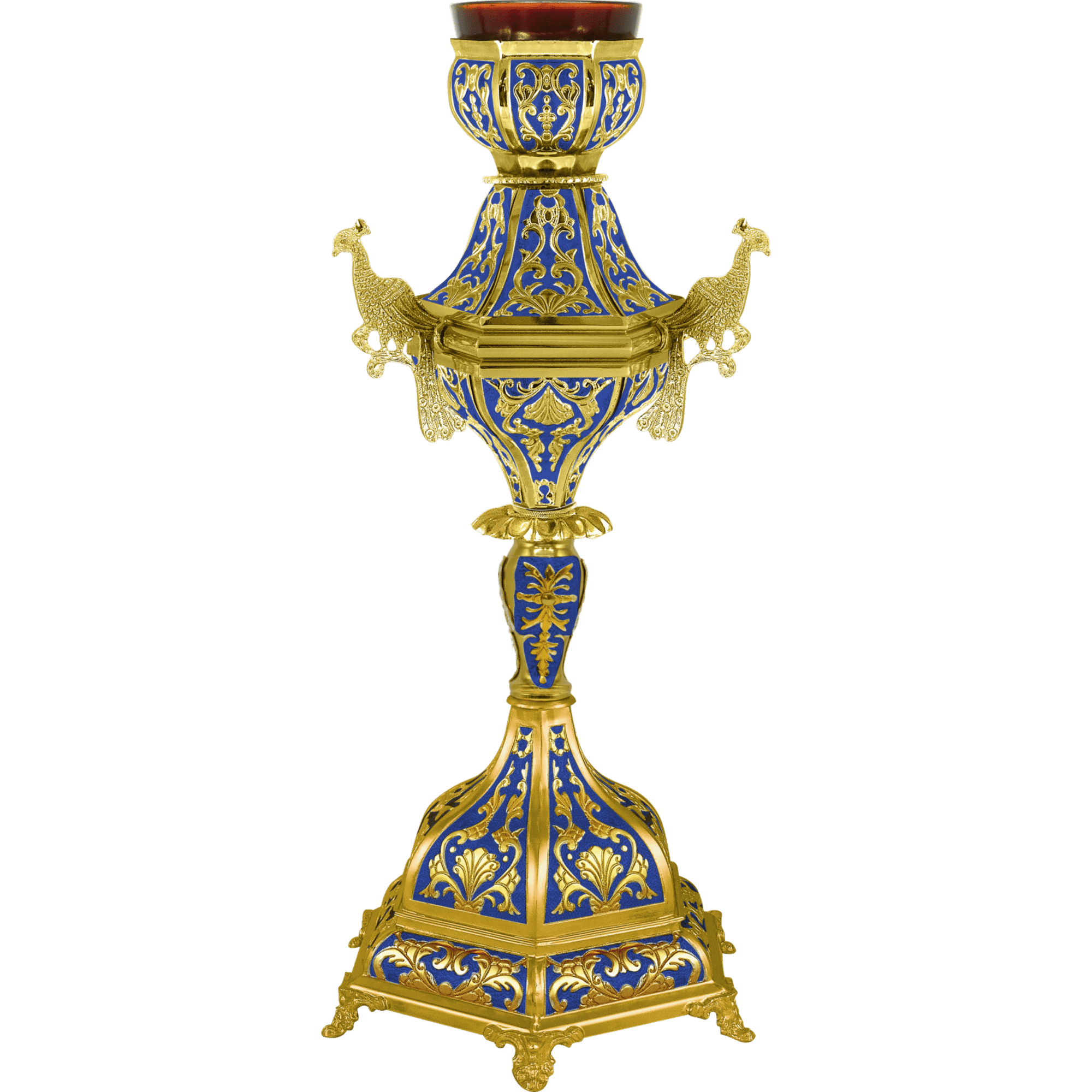 Intricate Byzantine-style liturgical candle holder with blue and gold detailing, traditional ecclesiastical church decor, perfect for religious ceremonies and religious artifacts.