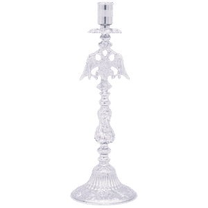 Intricate silver religious candleholder, traditional ecclesiastical church accessory, handcrafted Orthodox liturgical item, Greek church ornament, metal religious decor, religious art.