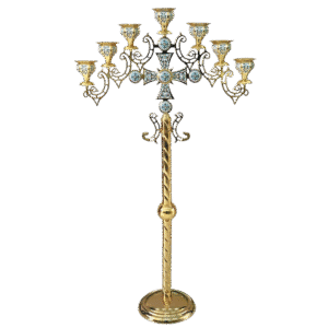 Ornate religious candelabrum with intricate design, ideal for church ceremonies, sacraments, and religious settings, featuring gold and silver accents and detailed craftsmanship.