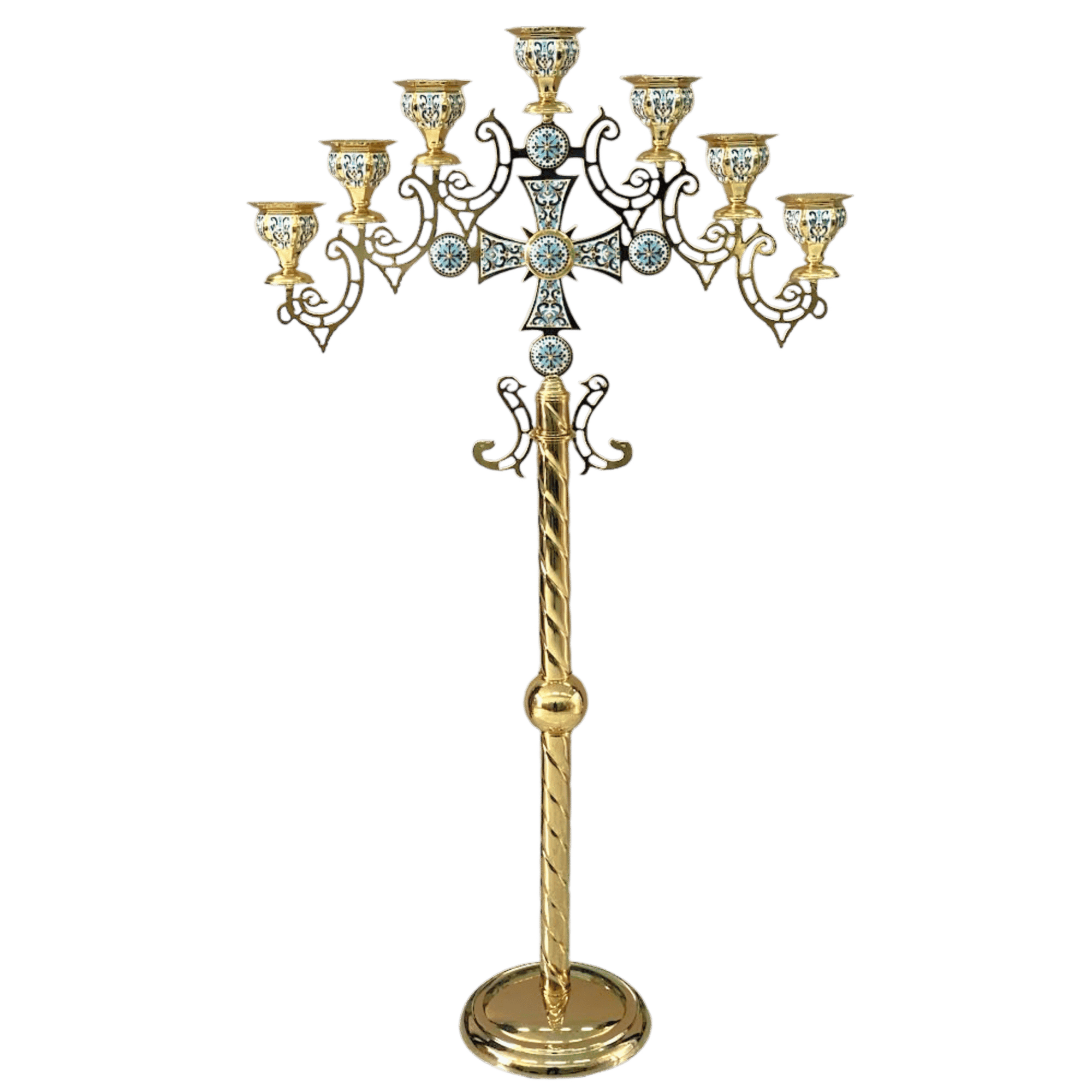Ornate religious candelabrum with intricate design, ideal for church ceremonies, sacraments, and religious settings, featuring gold and silver accents and detailed craftsmanship.