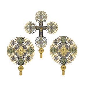 Intricate ecclesiastical gold-plated religious jewelry set with ornate crosses and medallions, perfect for Orthodox church adornment and religious ceremonies.