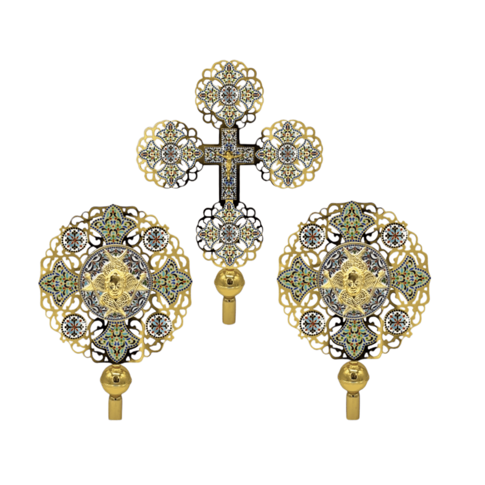 Intricate ecclesiastical gold-plated religious jewelry set with ornate crosses and medallions, perfect for Orthodox church adornment and religious ceremonies.