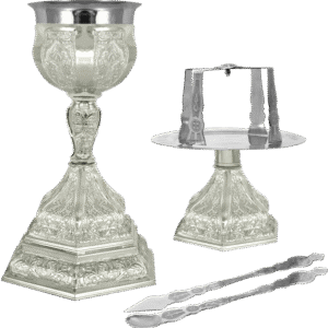Silver liturgical vessels and ritual accessories for church services, including chalice and paten, used in Orthodox and Christian religious ceremonies.