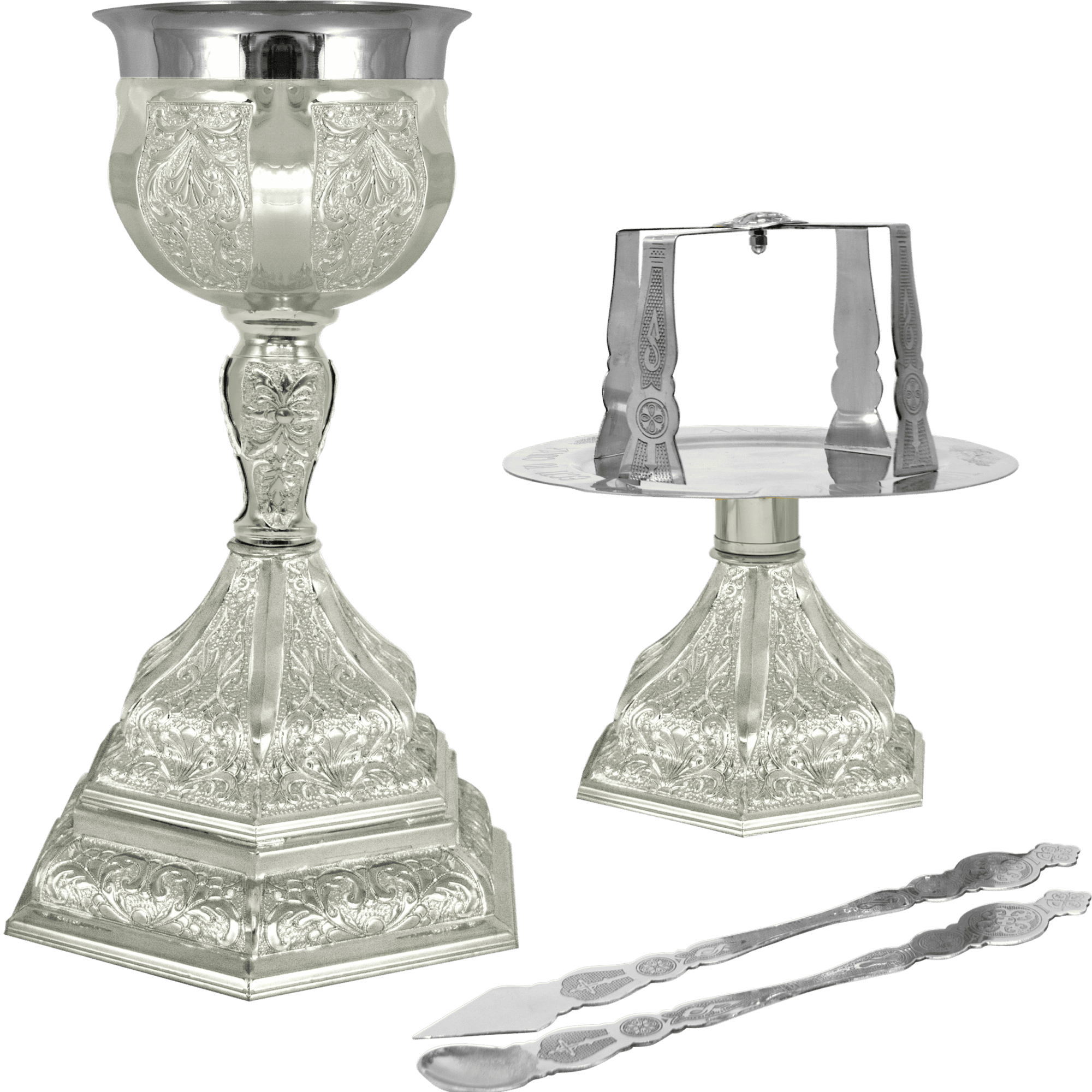 Silver liturgical vessels and ritual accessories for church services, including chalice and paten, used in Orthodox and Christian religious ceremonies.