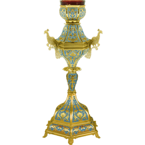 Ornate Orthodox church candle holder with gold and blue detailing, featuring intricate patterns and decorative elements for religious ceremonies.