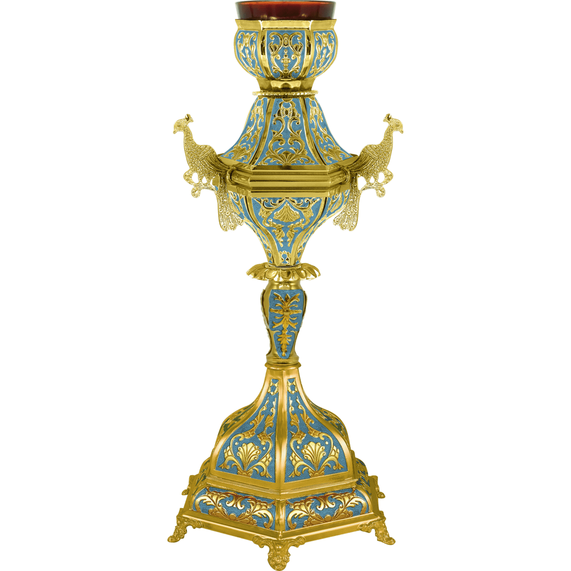 Ornate Orthodox church candle holder with gold and blue detailing, featuring intricate patterns and decorative elements for religious ceremonies.