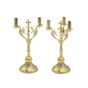 Elegant gold candelabra with intricate detailing, ideal for religious ceremonies and ecclesiastical decor. Perfect for Orthodox Christian church services and sacred occasions.