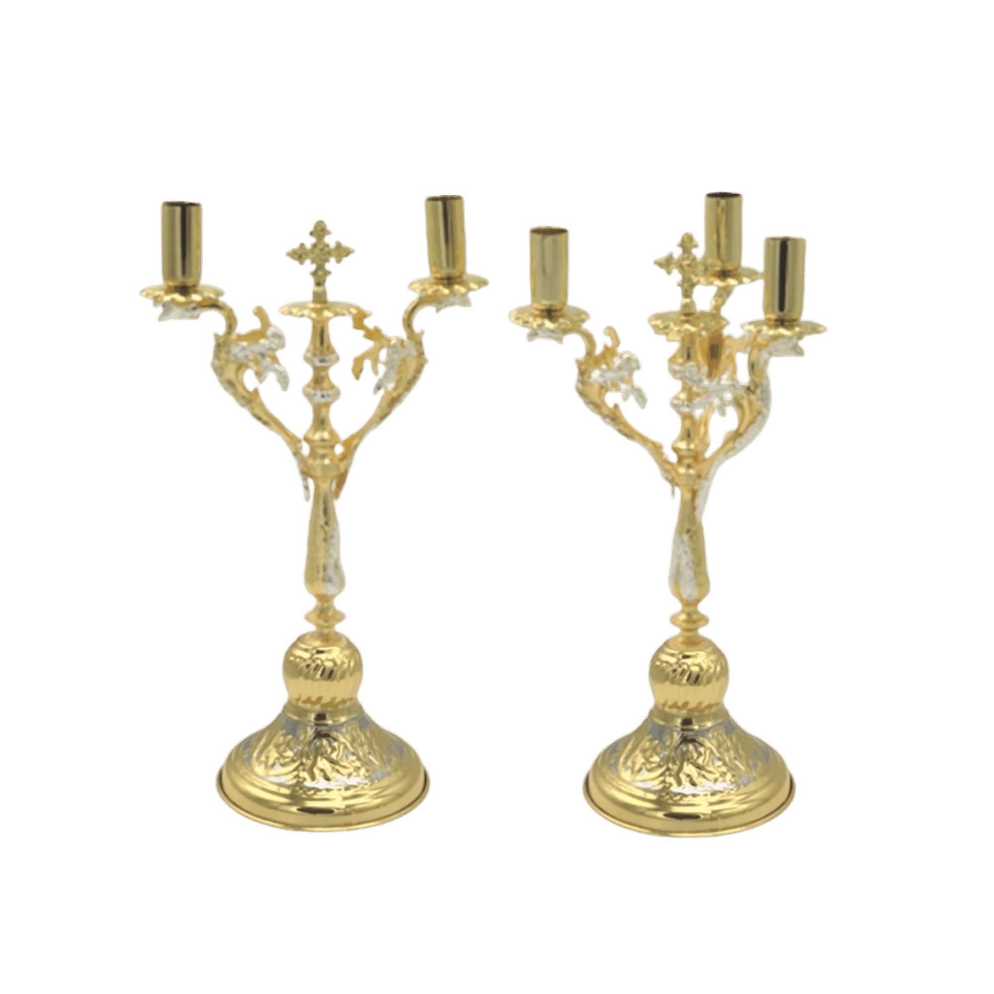 Elegant gold candelabra with intricate detailing, ideal for religious ceremonies and ecclesiastical decor. Perfect for Orthodox Christian church services and sacred occasions.