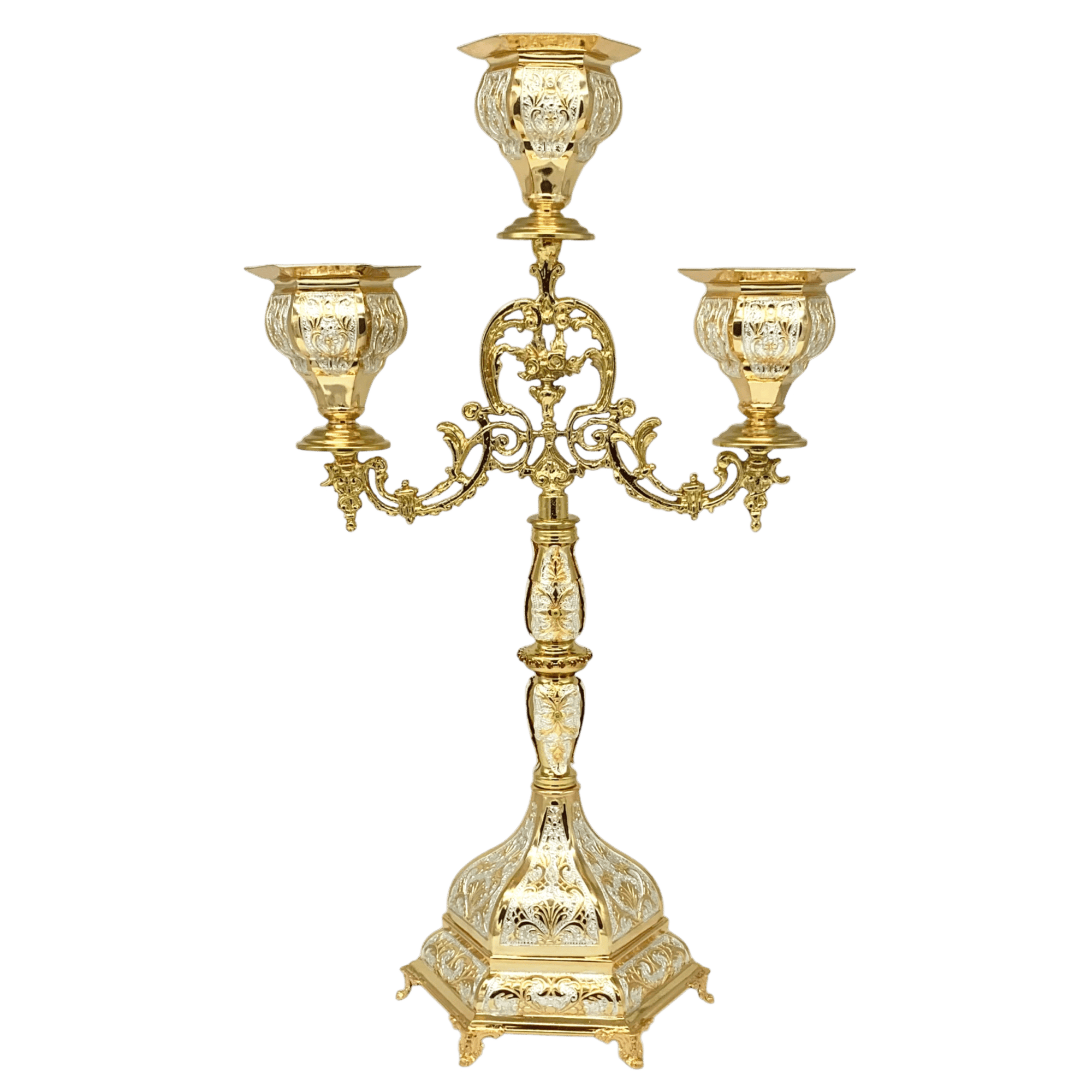 Intricate gold ecclesiastical candelabrum with three ornate candle holders, used in church services and religious ceremonies. Elegant design with detailed craftsmanship, highlighting traditional Orthodox liturgical accessories.
