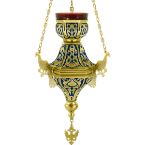 Ornate ecclesiastical lamp with gold and blue detailing, traditional religious artifacts from Tsahtsaronis Antonios, ideal for church decoration and religious services.