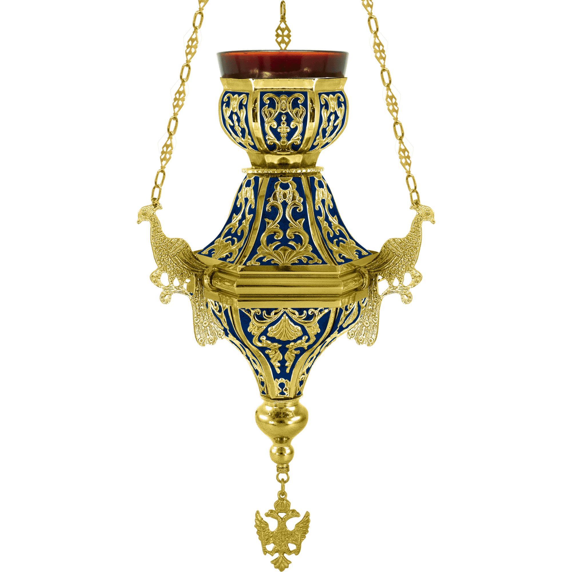 Ornate ecclesiastical lamp with gold and blue detailing, traditional religious artifacts from Tsahtsaronis Antonios, ideal for church decoration and religious services.