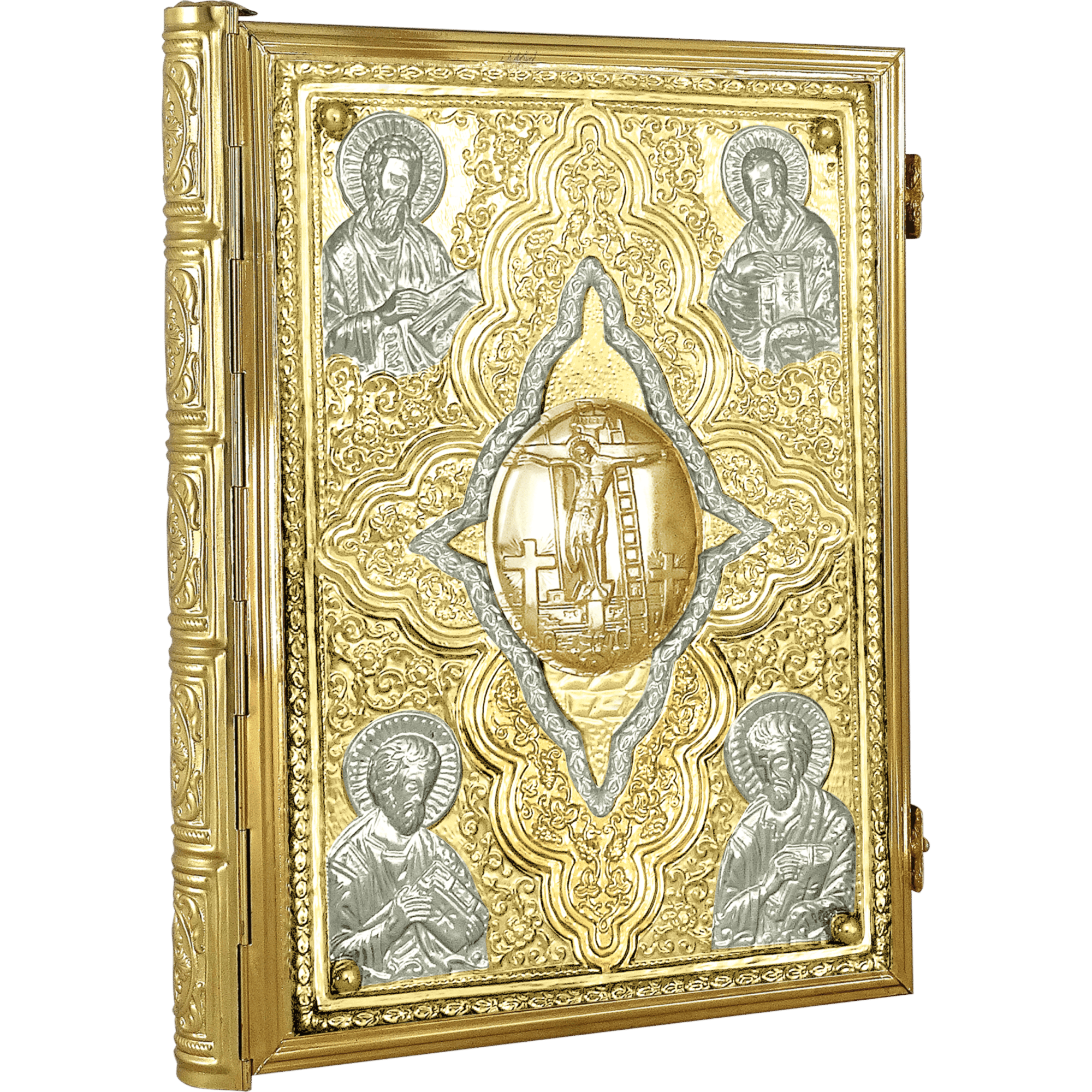 Ornate gold-embossed religious icon featuring saints and a crucifix in a silver overlay, ideal for ecclesiastical use and sacred decoration.