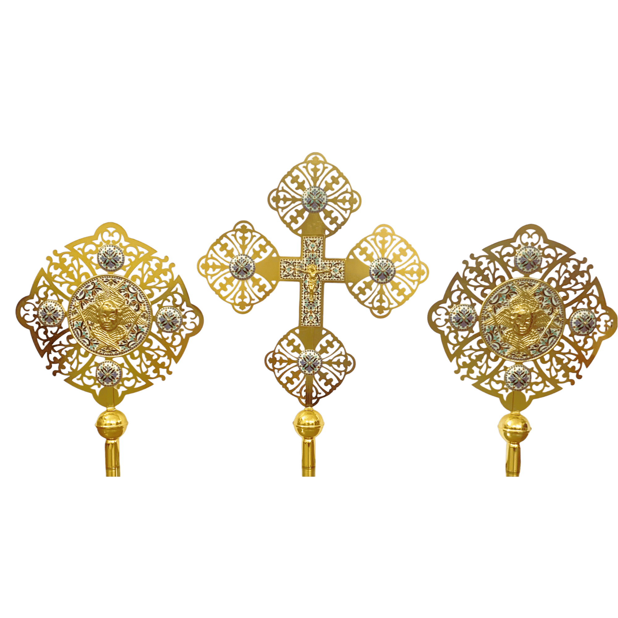 Ornate ecclesiastical liturgical items made of gold with intricate filigree designs, including a central cross and two round plaques with religious icons, used in Greek Orthodox church ceremonies.