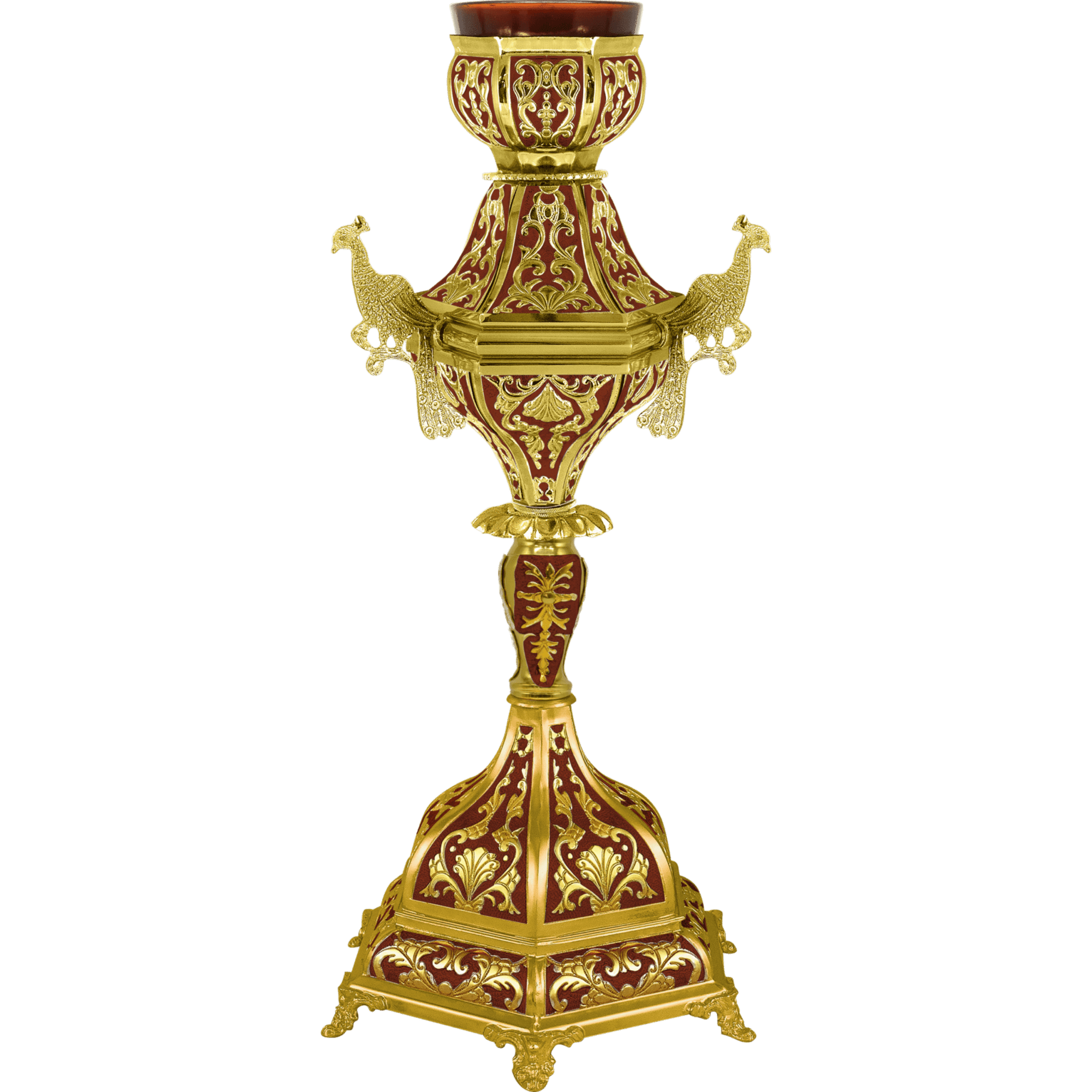 Ornate religious candle holder with intricate gold and red design, featuring detailed craftsmanship and traditional ecclesiastical ornamentation, ideal for church ceremonies and sacred occasions.