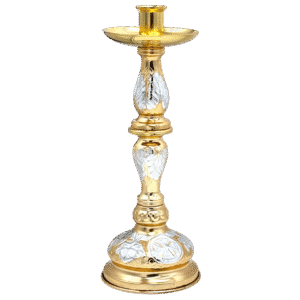 Golden religious candle holder with silver leaf detailing, symbolizing Orthodox church rituals and liturgical decorations. Perfect for church ceremonies and religious services.