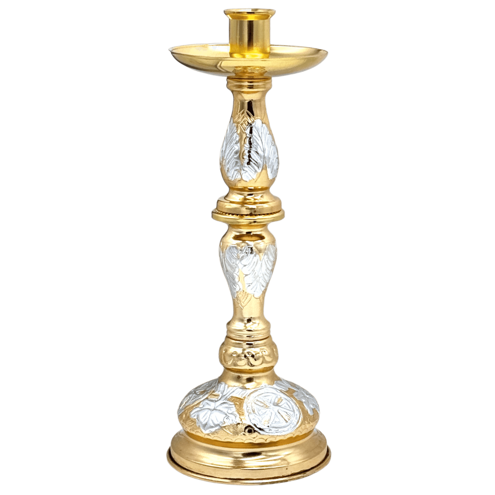 Golden religious candle holder with silver leaf detailing, symbolizing Orthodox church rituals and liturgical decorations. Perfect for church ceremonies and religious services.