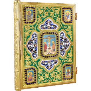 Intricately designed religious icon display case with gold accents and colorful icons, perfect for ecclesiastical treasures and church artifacts.