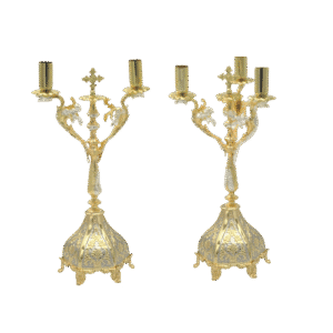 Ornate gold candelabras for religious ceremonies, authentic ecclesiastical liturgical church items from TsaTSaronis Antonios.