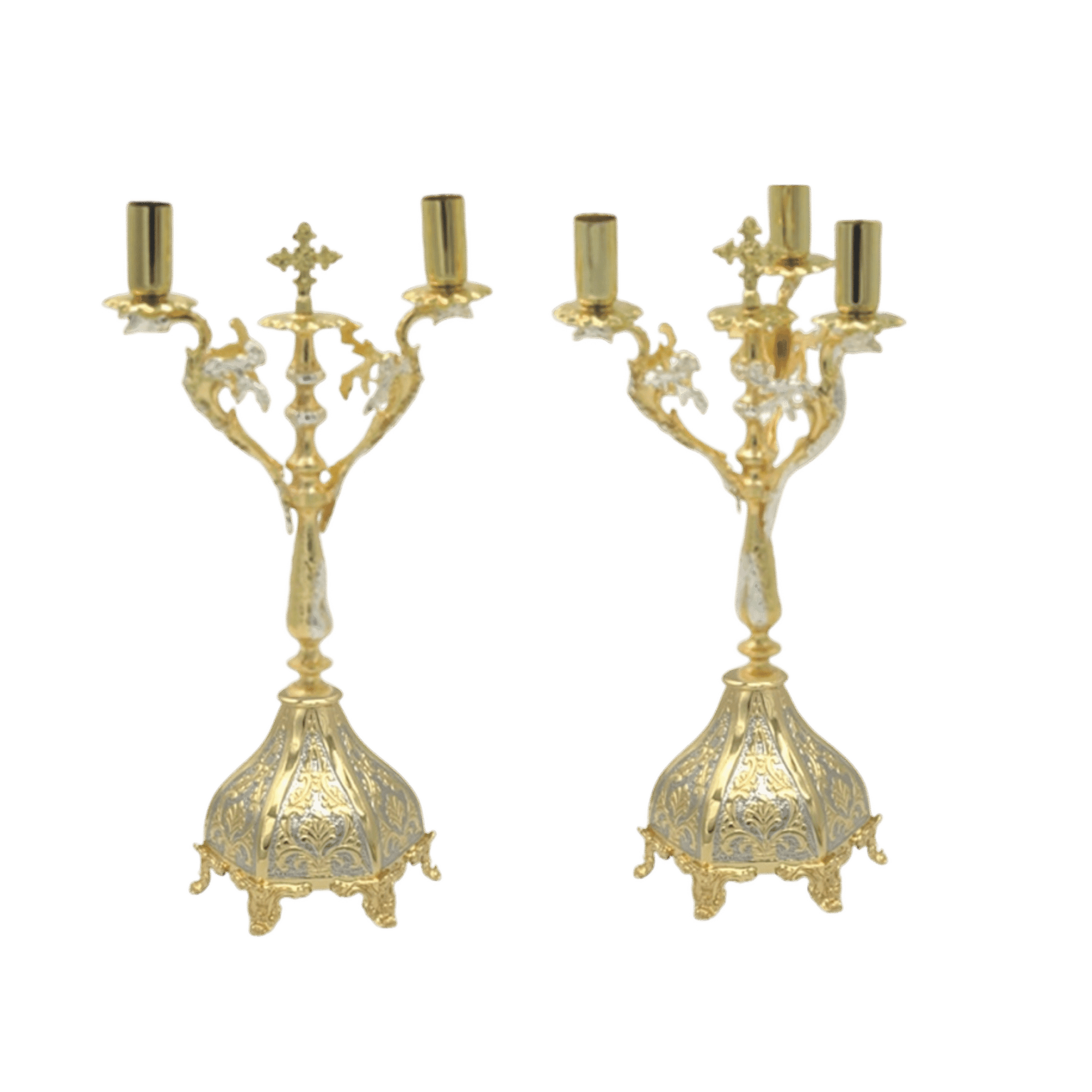 Ornate gold candelabras for religious ceremonies, authentic ecclesiastical liturgical church items from TsaTSaronis Antonios.