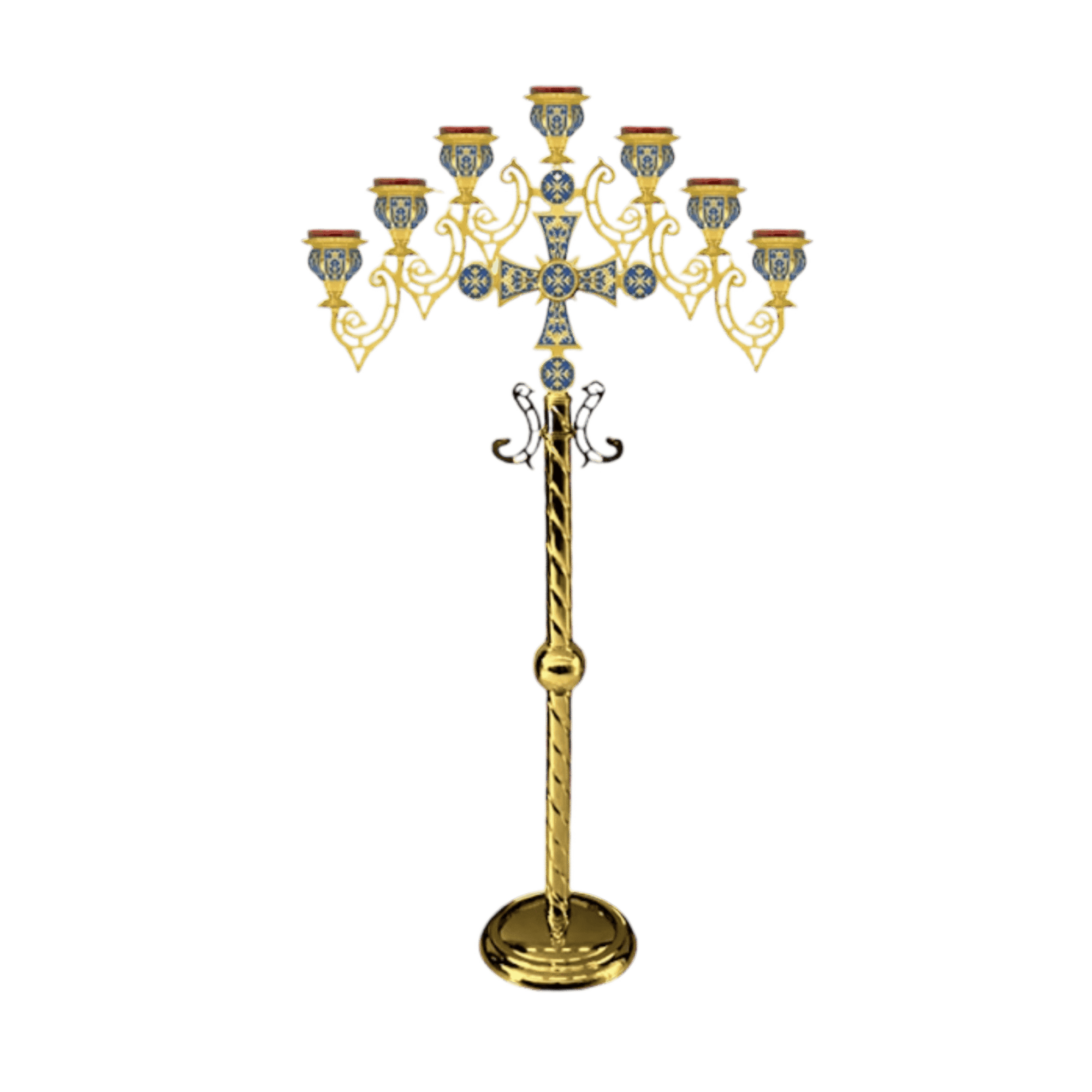 Ornate religious candelabrum for Orthodox church ceremonies, gold and blue decorative ecclesiastical item, traditional Greek liturgical ornament, church accessory, church candle holder, religious decorations, ecclesiastical equipment.
