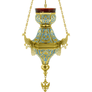 Intricate ecclesiastical hanging lamp with gold and blue accents, ornate church decoration, and detailed craftsmanship, used in religious ceremonies.
