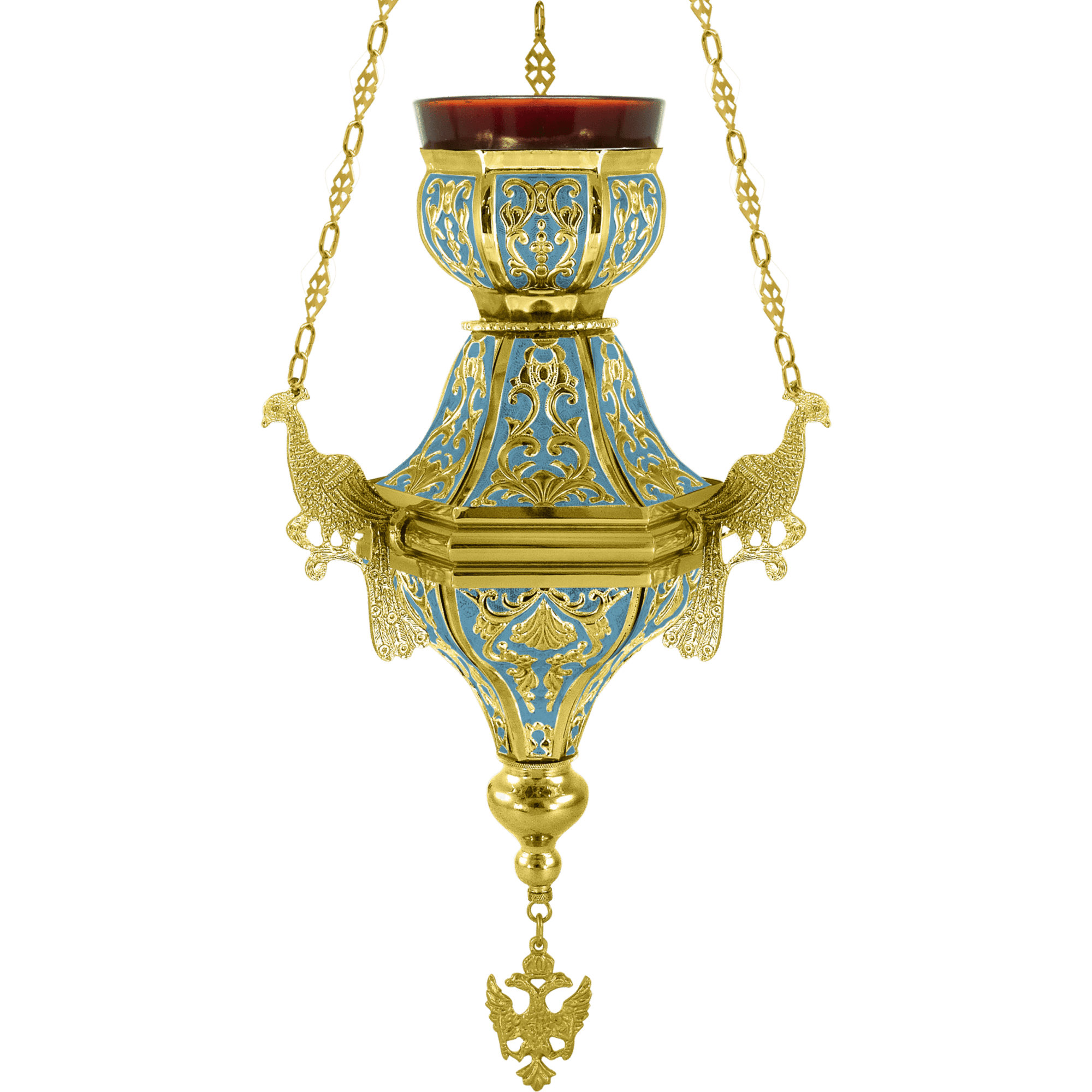 Intricate ecclesiastical hanging lamp with gold and blue accents, ornate church decoration, and detailed craftsmanship, used in religious ceremonies.