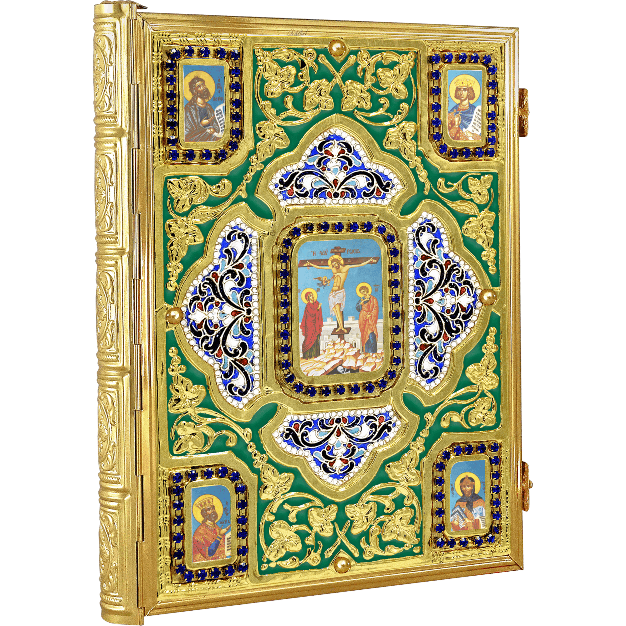 Intricately designed religious icon display case with gold accents and colorful icons, perfect for ecclesiastical treasures and church artifacts.