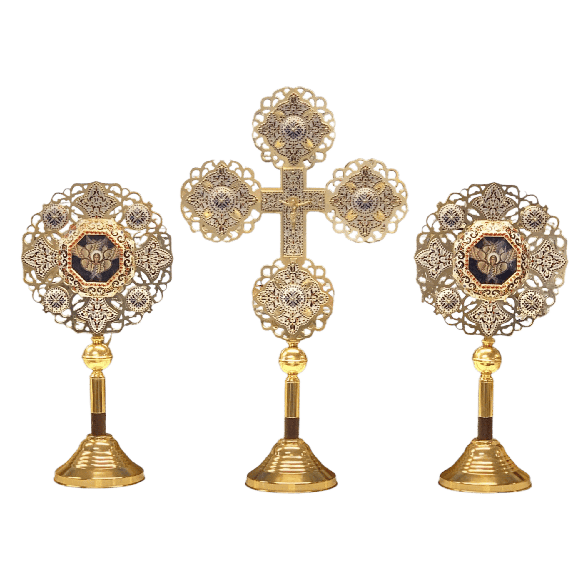 Intricate gold liturgical ecclesiastical items including crosses and icons, used for religious ceremonies and church festivities, crafted with traditional patterns and embellishments.