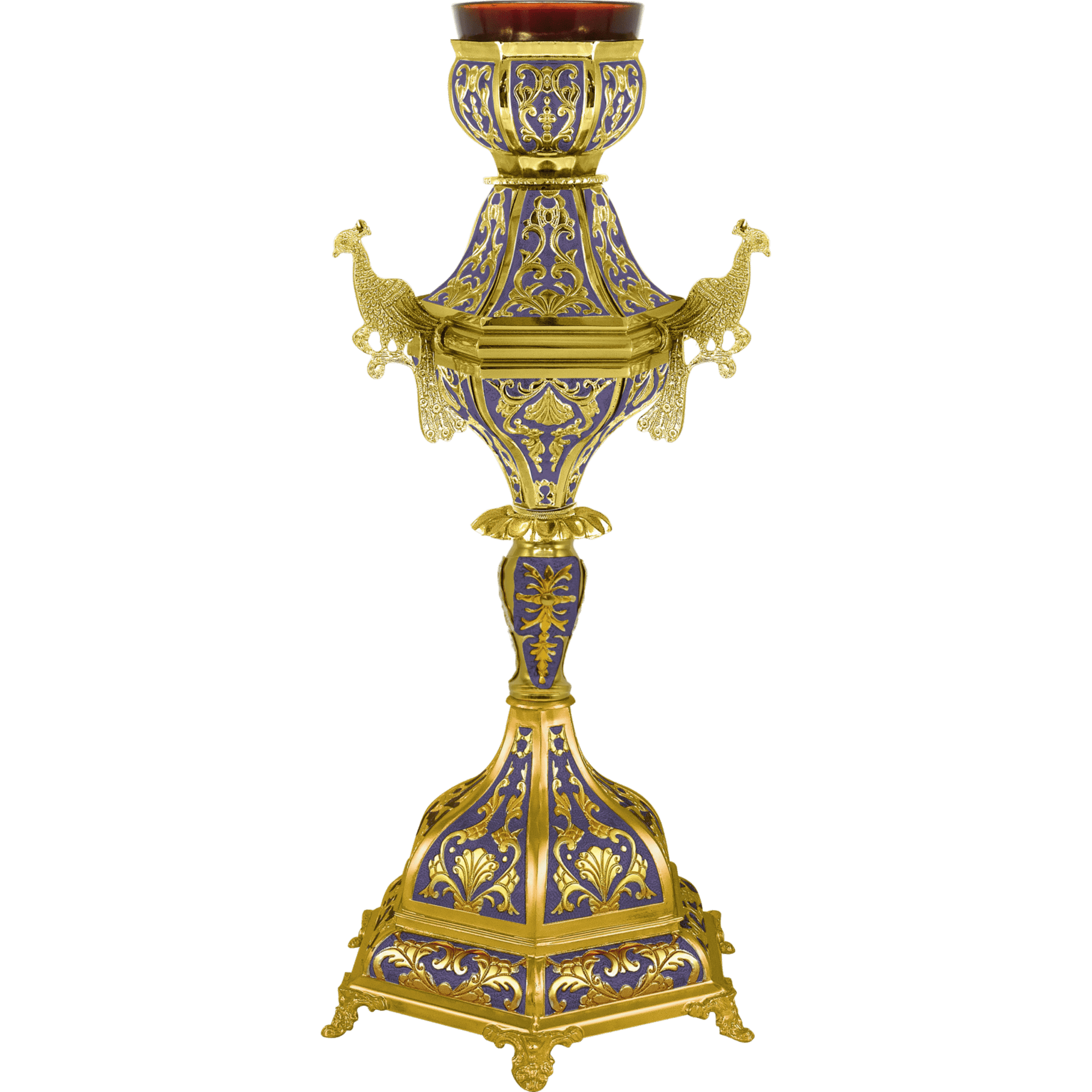 Exochon altar with Greek religious motifs, gold and blue detailing, and peacock accents, used for Orthodox Christian church ceremonies.