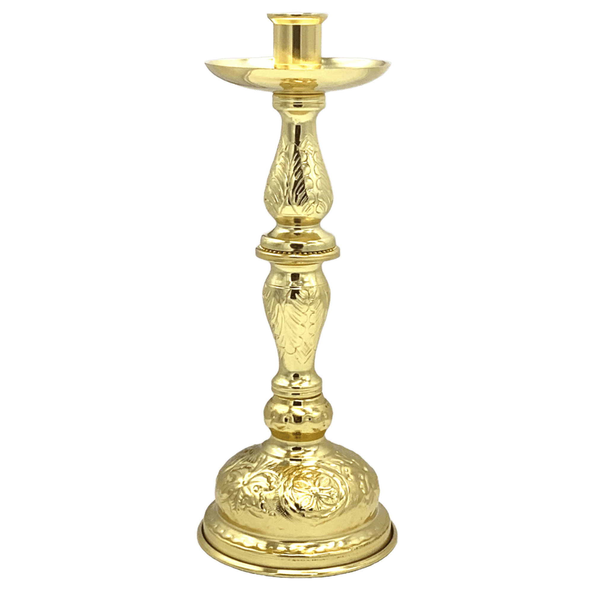Golden church candleholder, religious liturgical item for Orthodox Christian ceremonies.