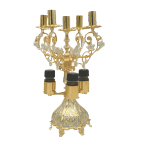 Intricate gold church menorah with traditional design, suitable for religious ceremonies and Orthodox Christian worship, crafted with high-quality materials for sacred ecclesiastical use.