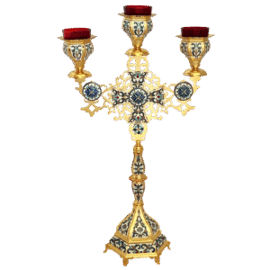 Intricate religious candelabrum with ornate gold and enamel design, used in Orthodox church ceremonies and religious services.