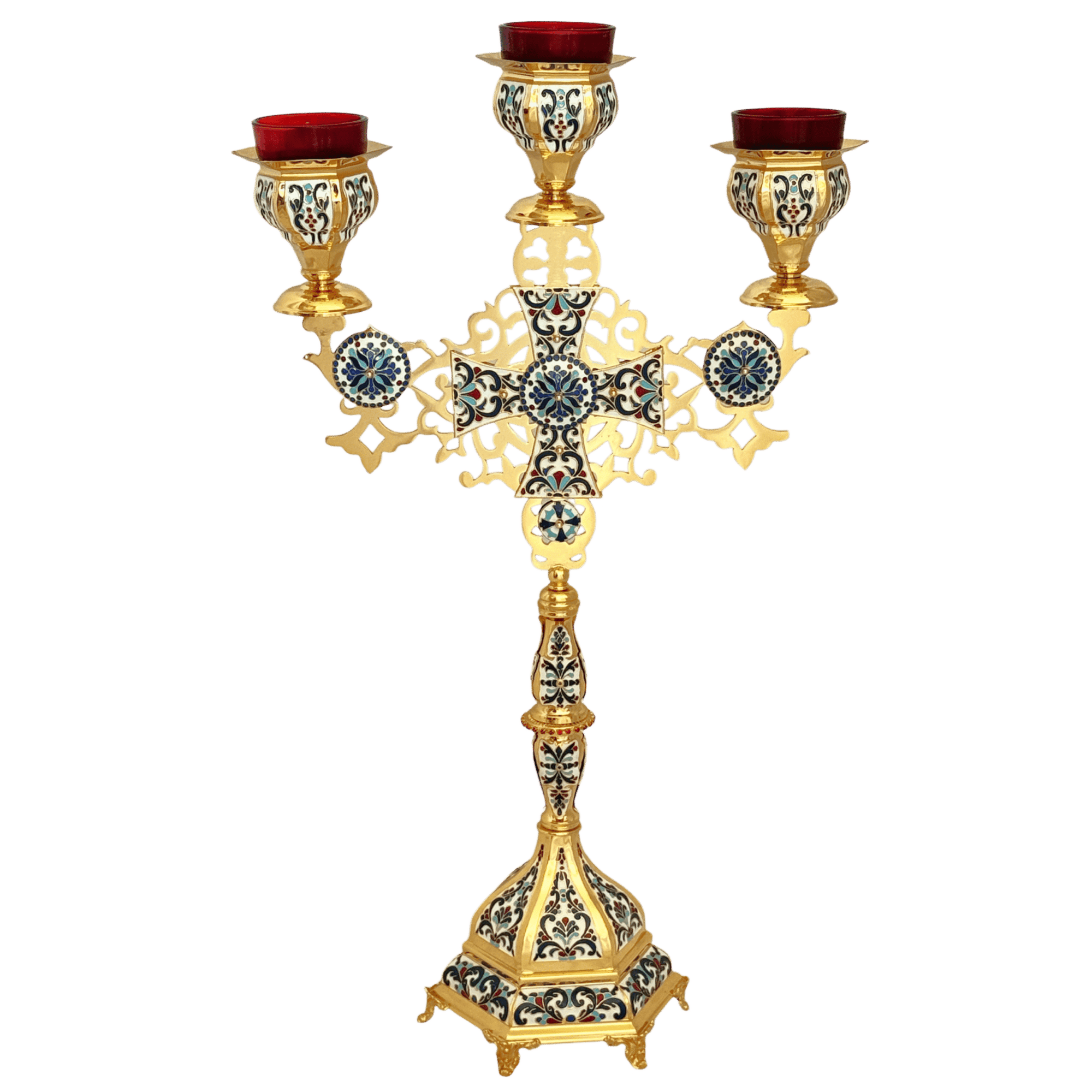 Intricate religious candelabrum with ornate gold and enamel design, used in Orthodox church ceremonies and religious services.