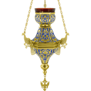 Ornate liturgical lamp with gold and blue religious motifs, used in ecclesiastical ceremonies and church decor.