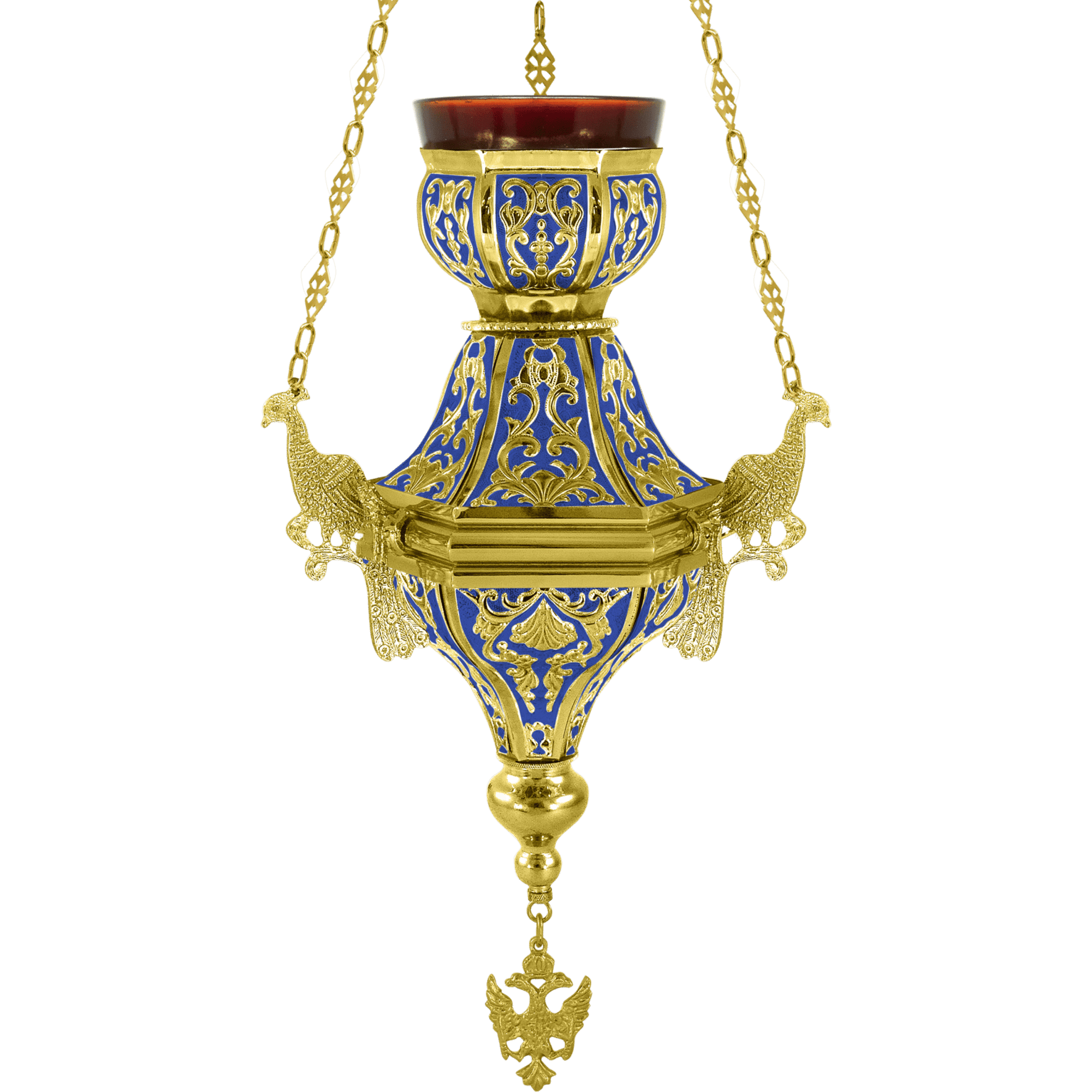 Ornate liturgical lamp with gold and blue religious motifs, used in ecclesiastical ceremonies and church decor.