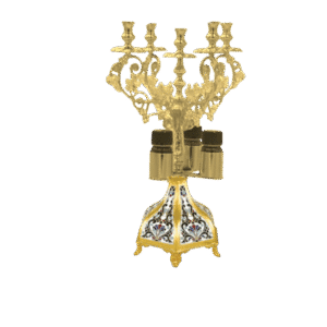 Elegant gold candelabrum with intricate design, perfect for church or religious ceremonies, a traditional ecclesiastical item from Tsa tsaronis Antonios.