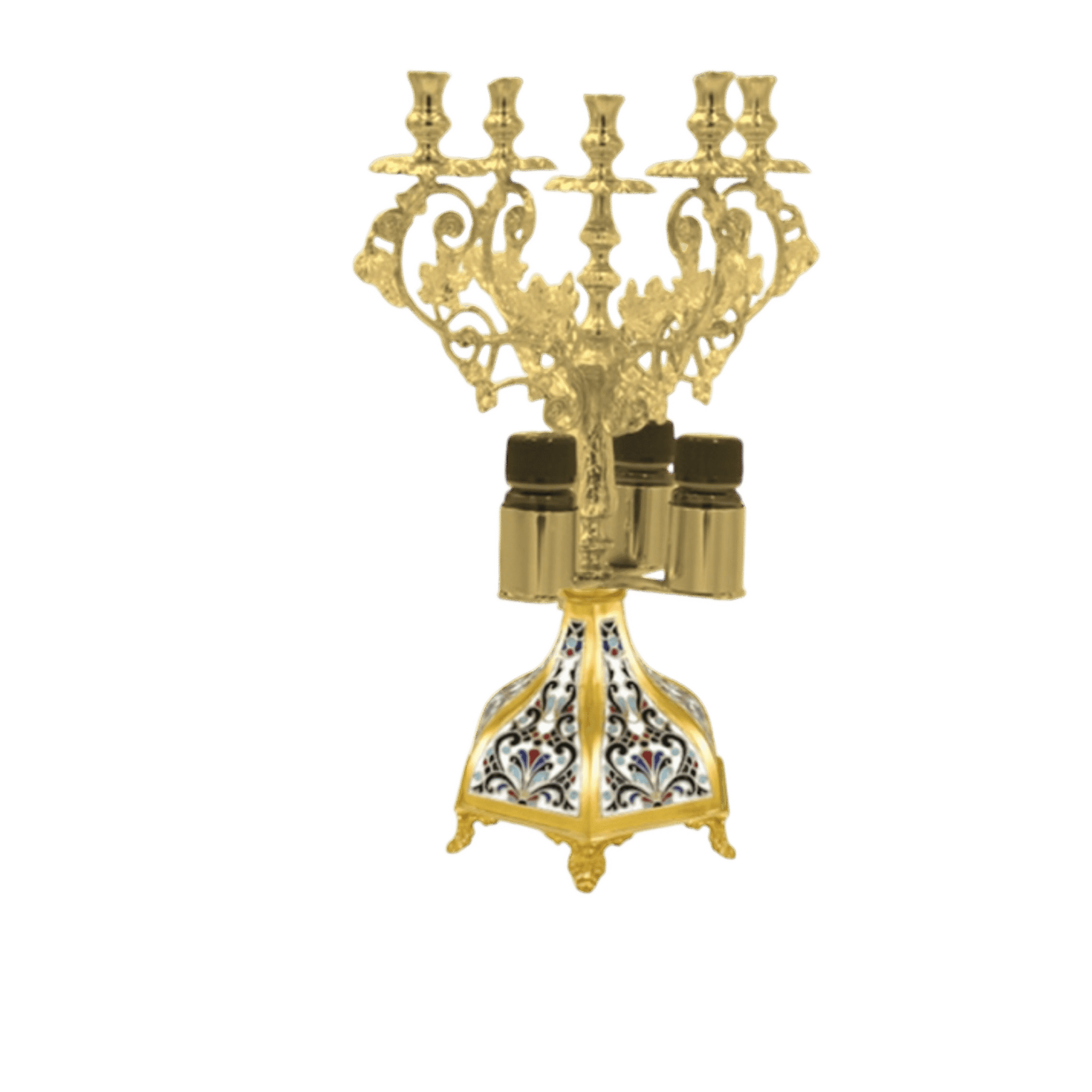 Elegant gold candelabrum with intricate design, perfect for church or religious ceremonies, a traditional ecclesiastical item from Tsa tsaronis Antonios.