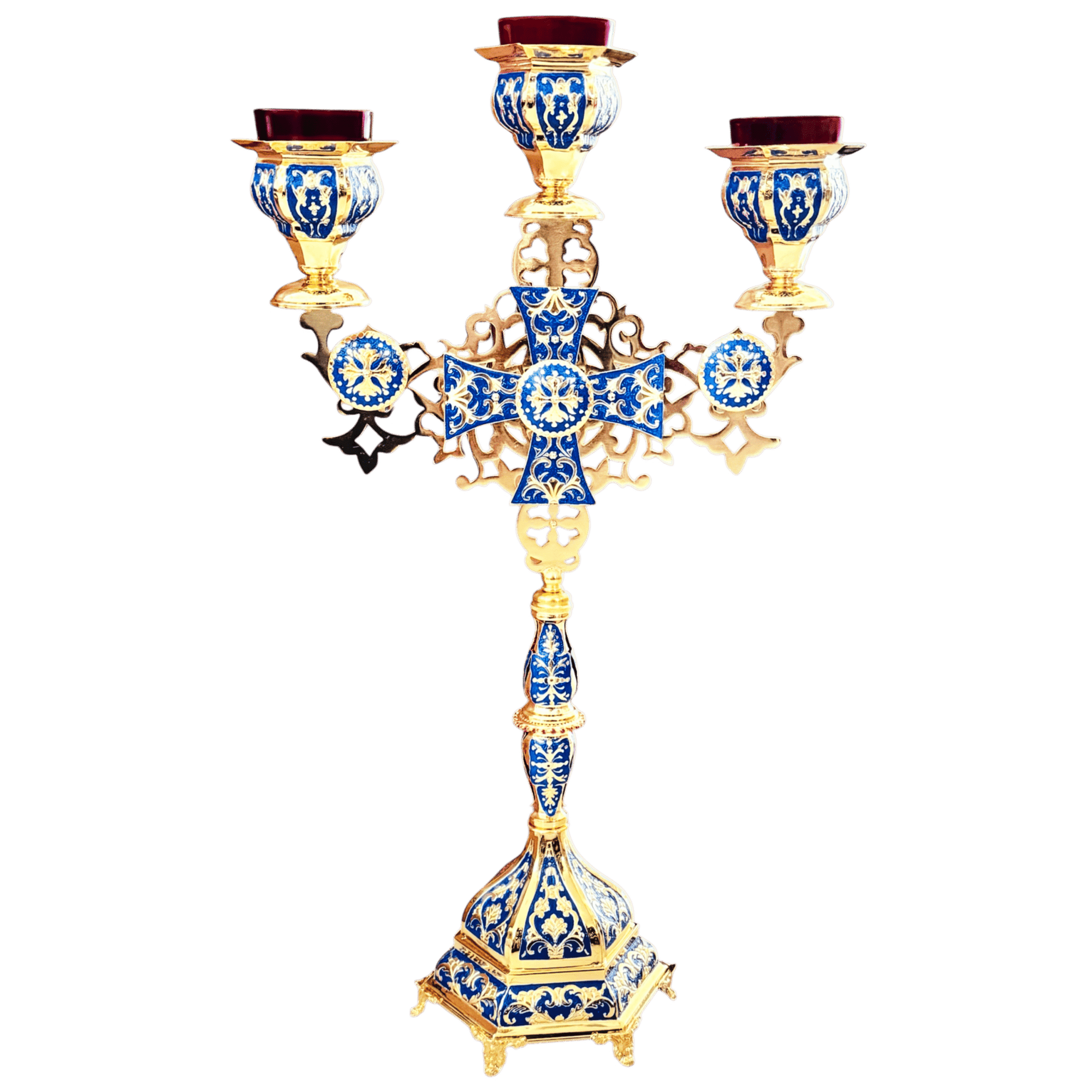 Intricate Byzantine-style Greek Orthodox candle holder with ornate gold and blue enamel detailing for religious ceremonies and church decor.