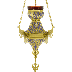 Ornate church hanging lamp with gold filigree and purple accents, ideal for ecclesiastical worship spaces, showcasing traditional religious craftsmanship.