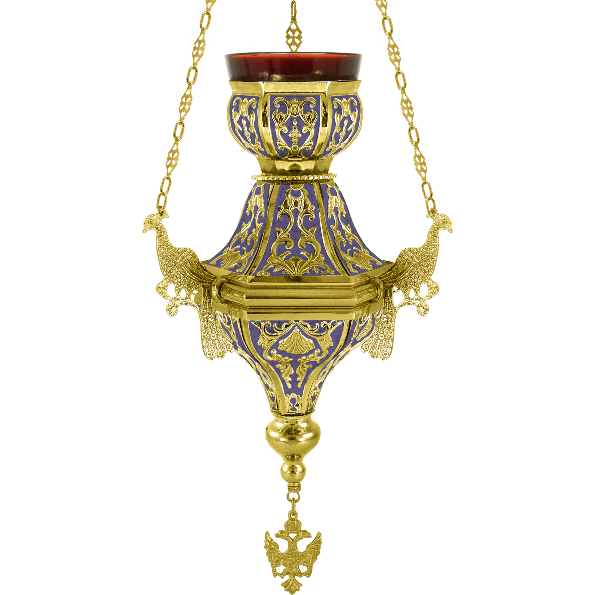 Ornate church hanging lamp with gold filigree and purple accents, ideal for ecclesiastical worship spaces, showcasing traditional religious craftsmanship.