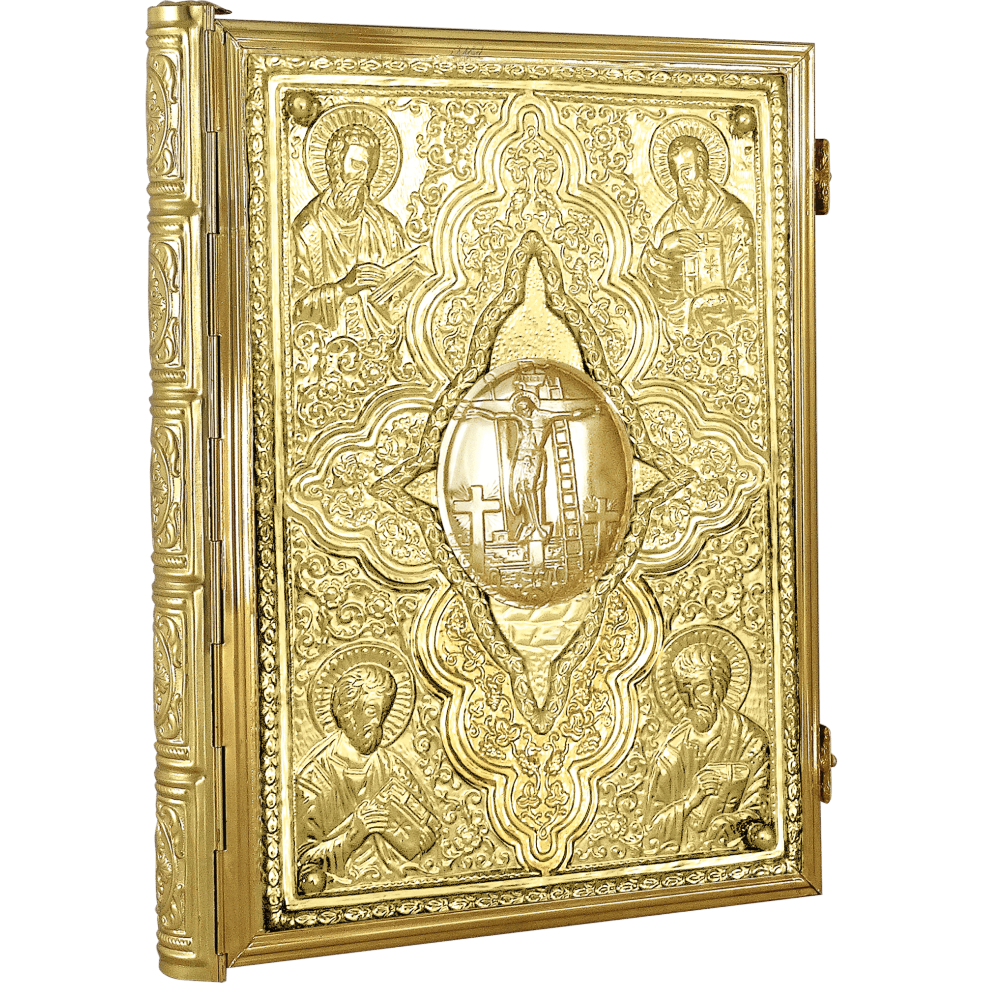 Intricately crafted gold religious icon with embossed saints and biblical scenes, ideal for church altar decoration and ecclesiastical purposes.