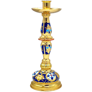 Ornate religious candle holder with intricate blue and gold detailing, perfect for church ceremonies and ecclesiastical events.